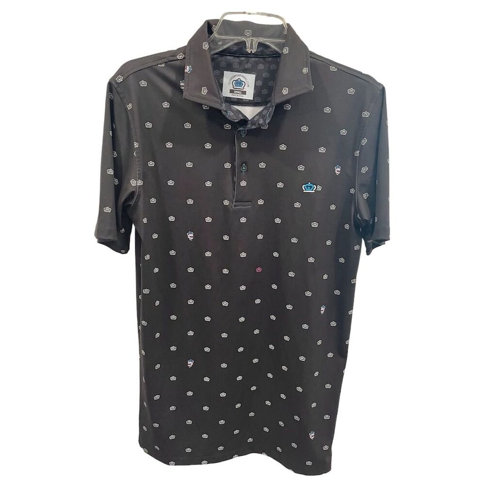 Glory Days Apparel Men's Polo Shirt S Black Crown‎ Print Performance Golf Casual